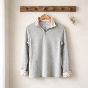 Orvis Women Quarter Zip Pullover Heather Gray Leaf Print Trim Size S